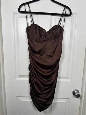 Blanc Clothing Brown Satin Ruched Bodycon Mini Dress M